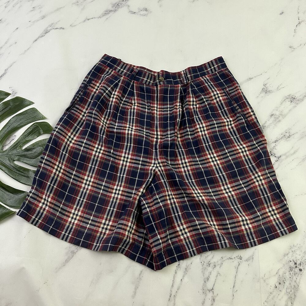 Charter Club Womens Vintage 90s Pleated Shorts Size 16 Blue Red Plaid Cotton